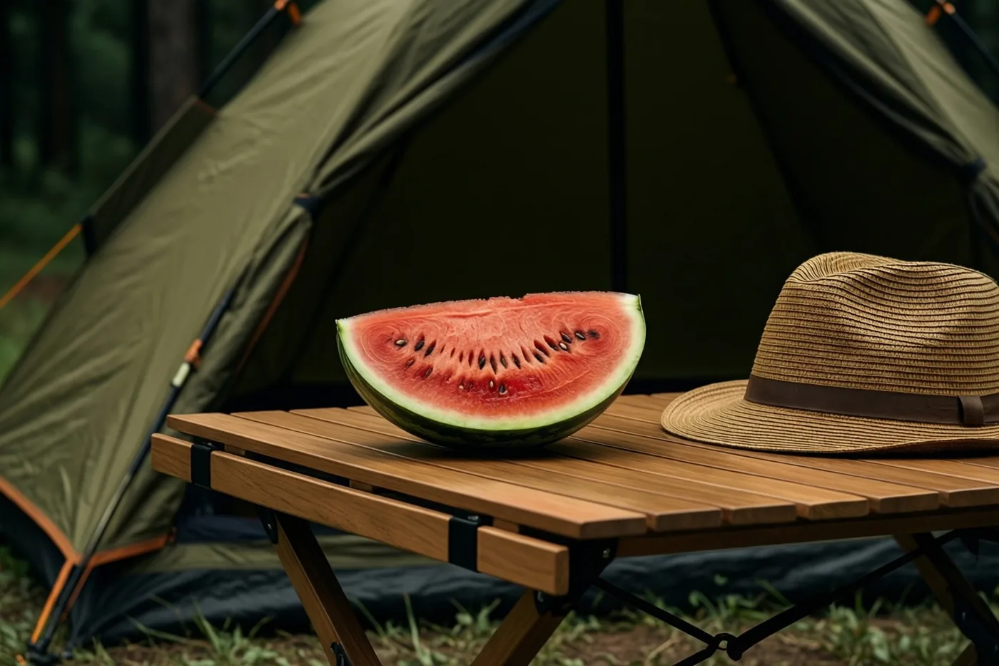 Een stuk watermeloen ligt naast een strohoed op een houten kampeertafel, met een groene tent in een bos op de achtergrond.