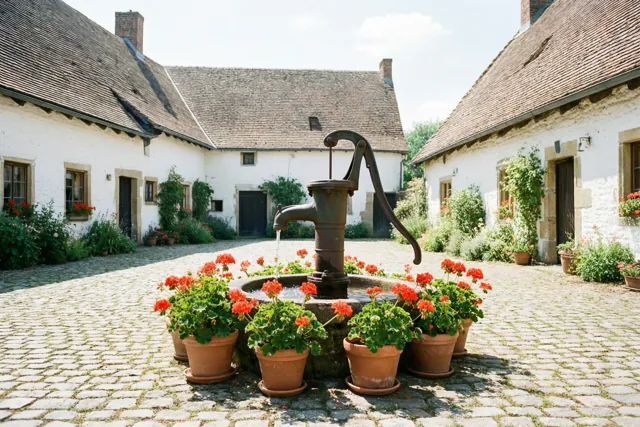 Uit een gietijzeren waterpomp stroomt water op een zonnige binnenkoer met kasseien, omringd door rode geraniums in potten en witte hoevegebouwen met bruine daken.