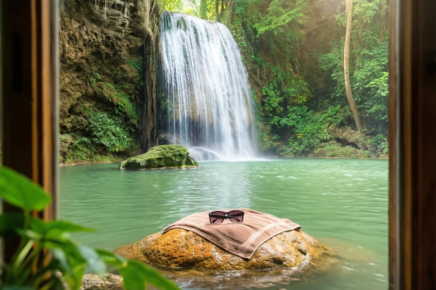 Door een houten raamkozijn is een waterval in een groene waterpoel te zien, met een handdoek en zonnebril op een rots tussen weelderig groen.