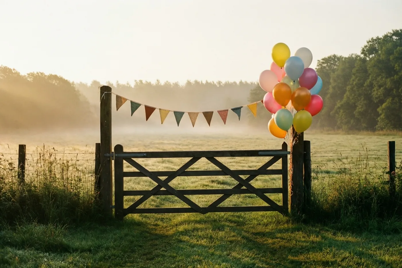 Een houten weidehek met kleurrijke vlaggetjes en ballonnen staat in een mistige wei met zacht goudkleurig licht en bomen in de verte.