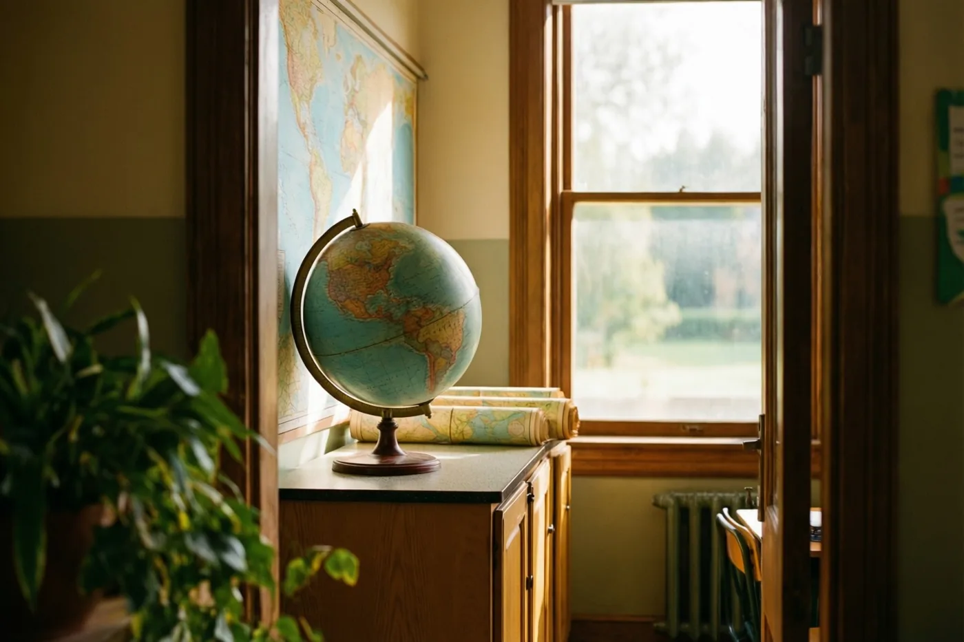 Een oude wereldbol en een opgerolde wandkaart staan op een houten kast in een zonnig klaslokaal, met een groene plant en licht dat door het raam valt.