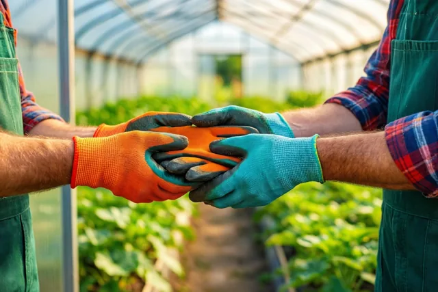 Twee mensen houden in een serre elkaars gehandschoende handen vast, tussen groene planten en met opvallende oranje en blauwgroene werkhandschoenen.