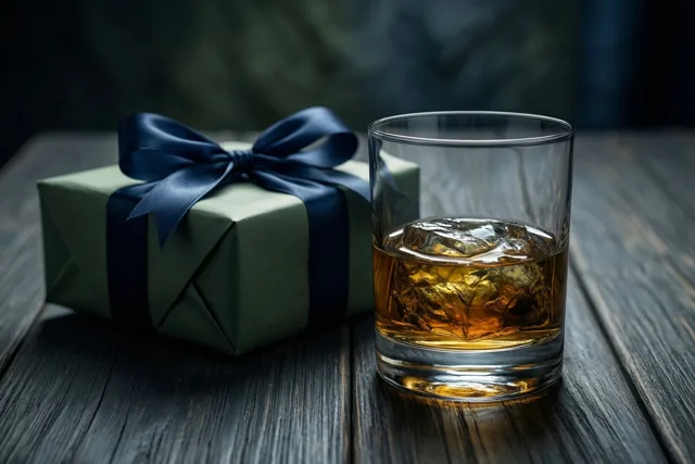 Een glas whisky met ijs staat naast een geschenkdoos in groen papier met een donkerblauw lint op een donkere houten tafel.