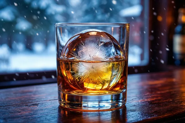 Een whiskyglas met een grote heldere ijsbol staat op een donkerhouten bar, met warm licht binnen en vallende sneeuw achter het raam in amberkleurige en blauwe tinten.