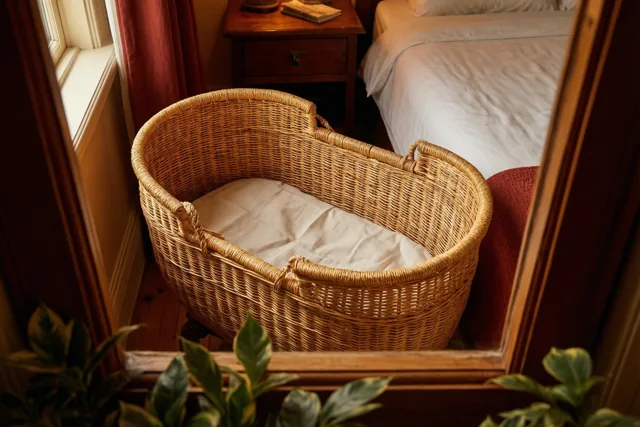 In een spiegel met houten lijst is een leeg rieten wiegmandje met wit linnen naast een bed te zien, in een warm verlichte kamer met houttinten, crèmekleurig linnen en donkerrode accenten.