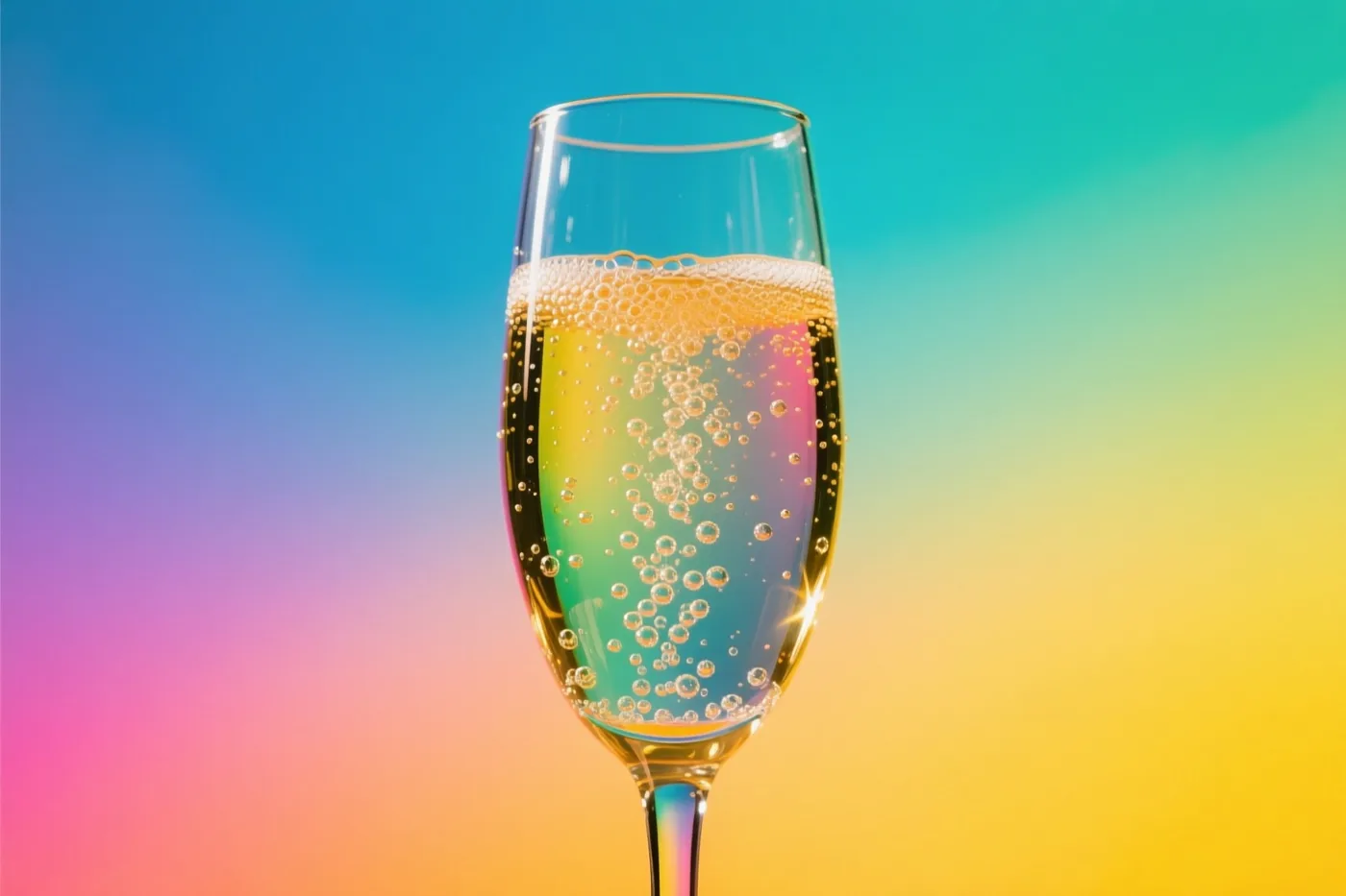 Een close-up toont een champagneglas met mousserende wijn en opstijgende belletjes voor een regenboogkleurige achtergrond met blauw, geel en roze.