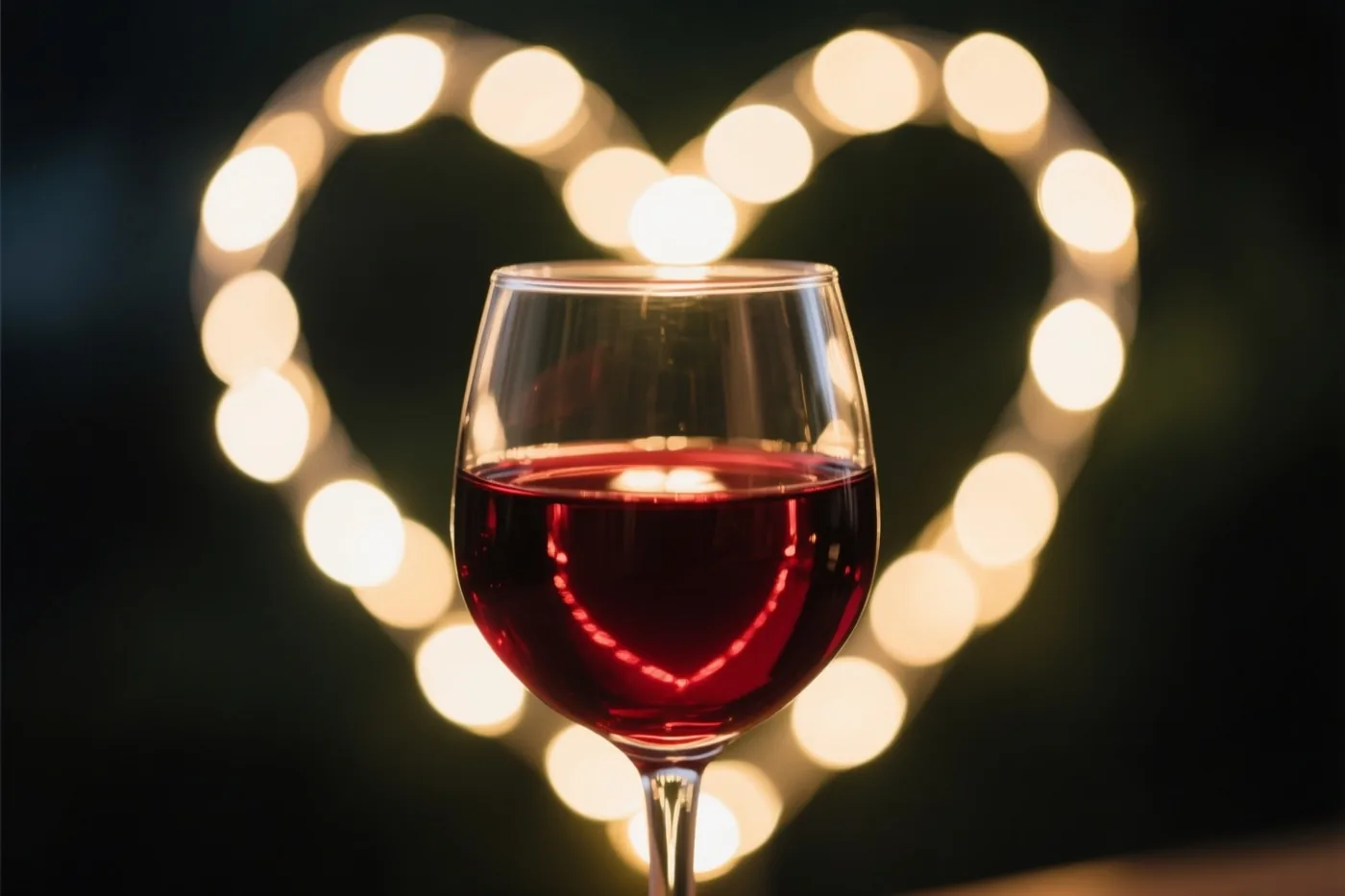 Een glas rode wijn staat voor onscherpe lichtslingers die een hart vormen, tegen een donkere achtergrond in warme goud- en roodtinten.