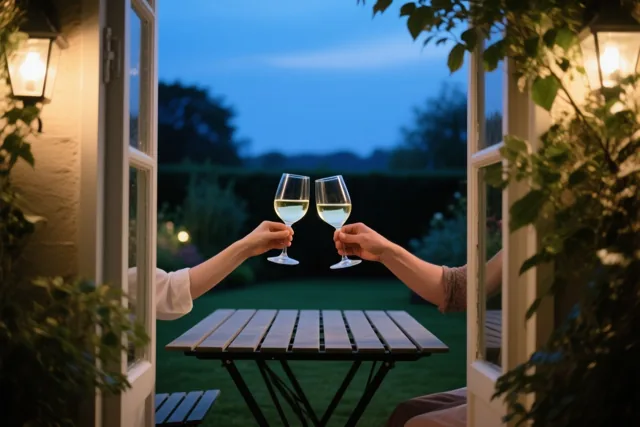Twee handen klinken met glazen witte wijn boven een houten tuintafel bij valavond, omlijst door open ramen, warme lantaarns en groen.