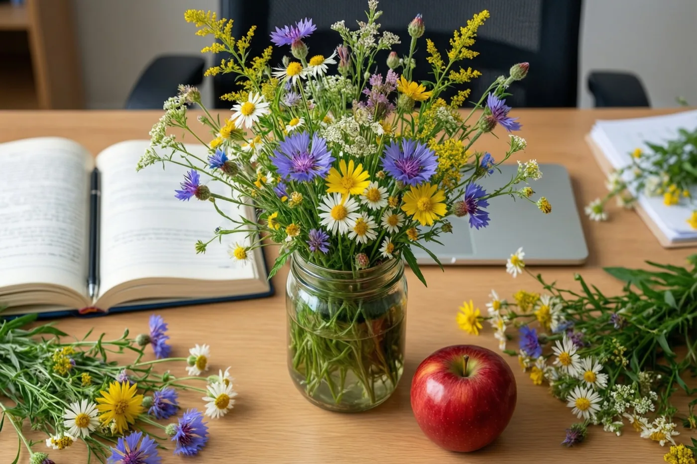 Een glazen pot met paarse, gele en witte wilde bloemen staat op een houten bureau naast een rode appel, met een open boek en een laptop op de achtergrond.
