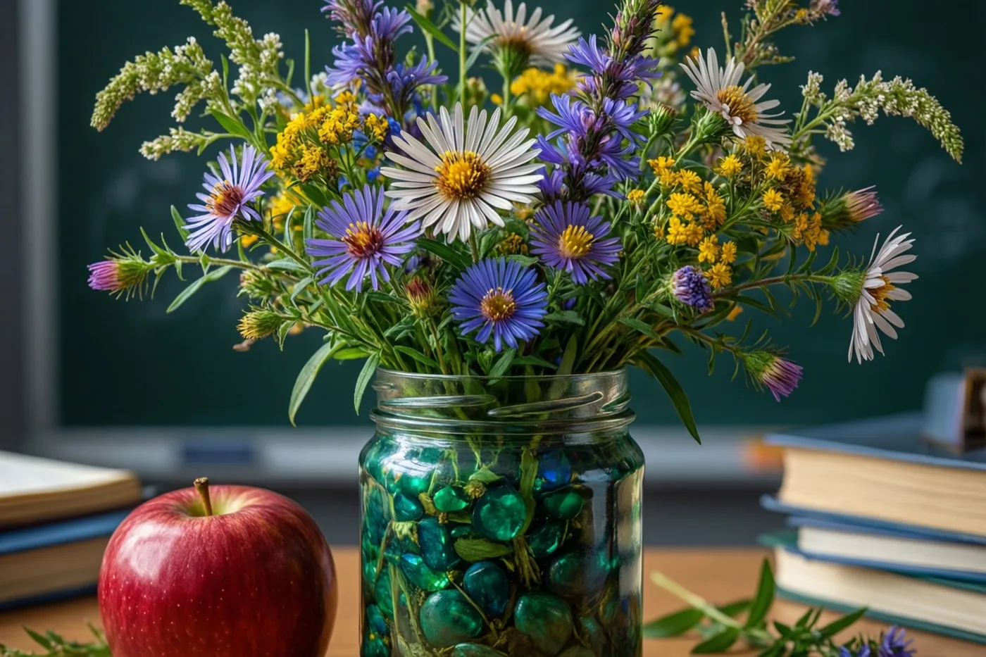 Een glazen pot met wilde bloemen en groene siersteentjes staat op een houten bureau naast een rode appel, met een donkergroen schoolbord en gestapelde boeken op de achtergrond.