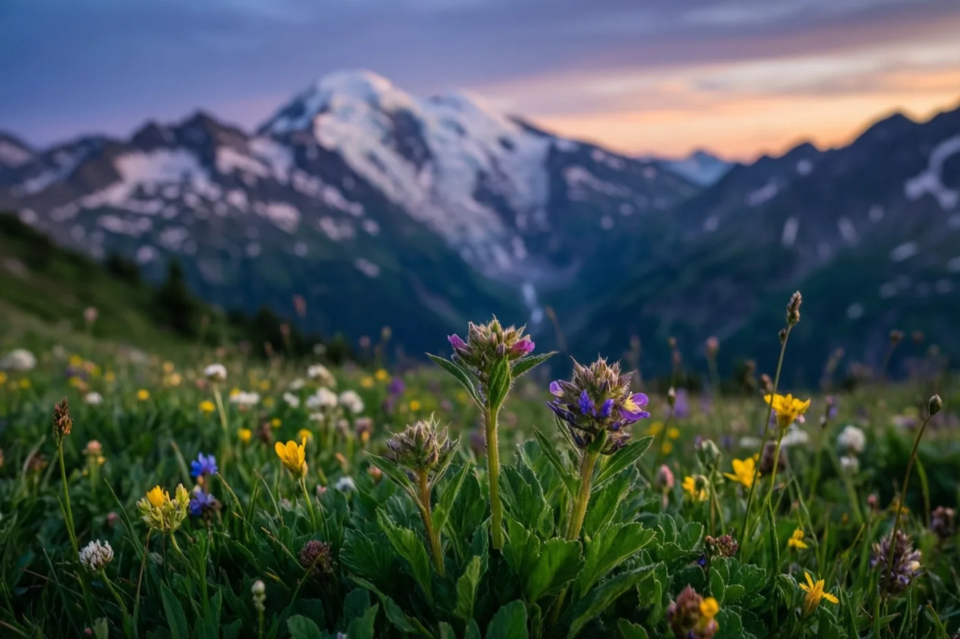 Paarse en gele wilde bloemen zijn van dichtbij te zien in een groene bergweide, met besneeuwde bergen onder een schemerlucht op de achtergrond.