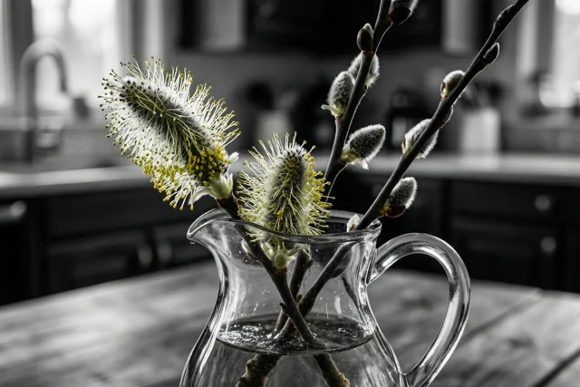 Een glazen kan met wilgenkatjes en uitlopende takken staat op een houten keukentafel, waarbij de geelgroene katjes opvallen in een grotendeels zwart-wit beeld.