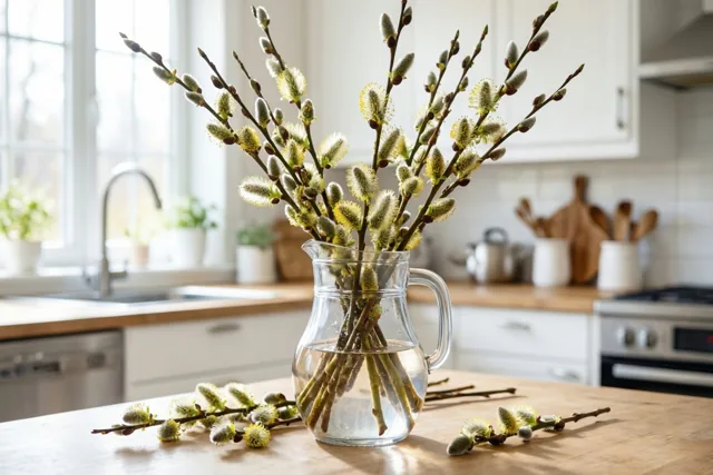 Een glazen kan met water en wilgentakken met katjes staat op een houten keukentafel, met helder raamlicht en een moderne keuken op de achtergrond.