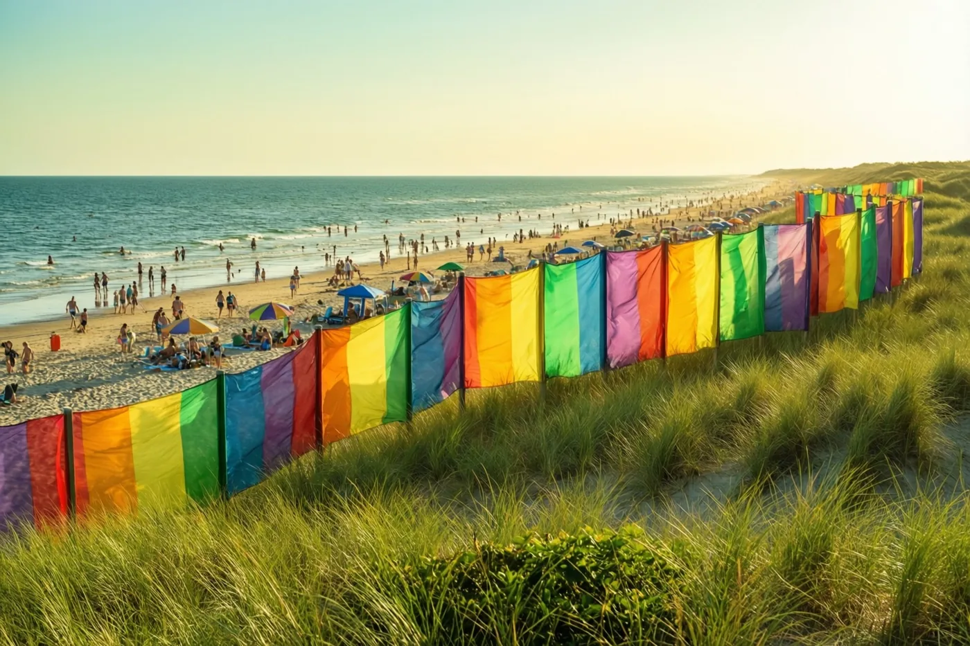 Vanuit groene duinen is een druk strand te zien met regenboogkleurige windschermen en mensen op het zand en in zee, in warm zonlicht.