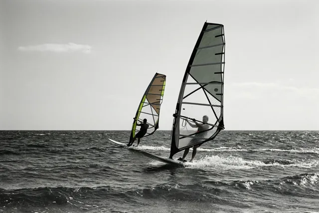 Twee windsurfers varen in de verte naast elkaar over een woelige zee op een zwart-witbeeld met een groen accent op één zeil.