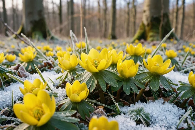 Gele bloemetjes door de sneeuw