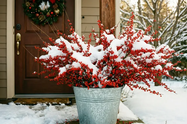 Een zinken emmer met besneeuwde rode winterbestakken staat op een besneeuwde veranda bij een houten voordeur met een kerstkrans.