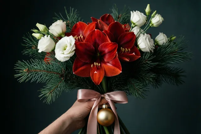 Een hand houdt een boeket van rode amaryllis, witte lisianthus en dennentakken vast met een roze lint en een gouden kerstbal tegen een donkere achtergrond.
