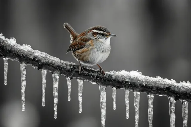 Een winterkoninkje met bruin en wit verenkleed zit op een tak met ijspegels tegen een wazige winterachtergrond in zwart-wit.