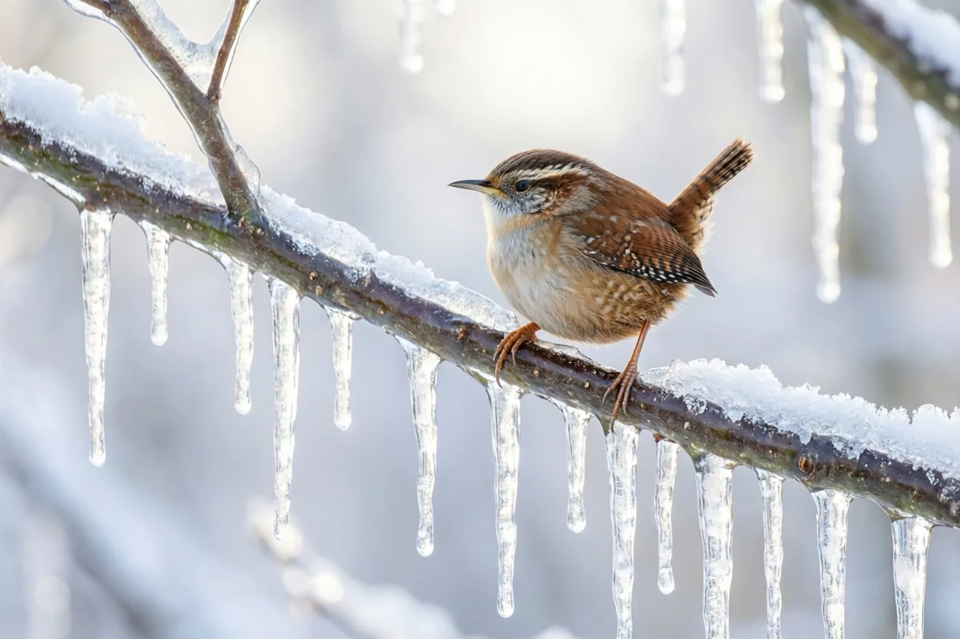 Een klein bruin winterkoninkje zit op een besneeuwde tak met lange, heldere ijspegels tegen een zacht vervaagde achtergrond.