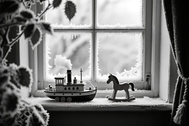 Een zwart-witbeeld toont een speelgoedstoomboot en een houten hobbelpaard op een besneeuwde vensterbank voor glas met ijsbloemen.