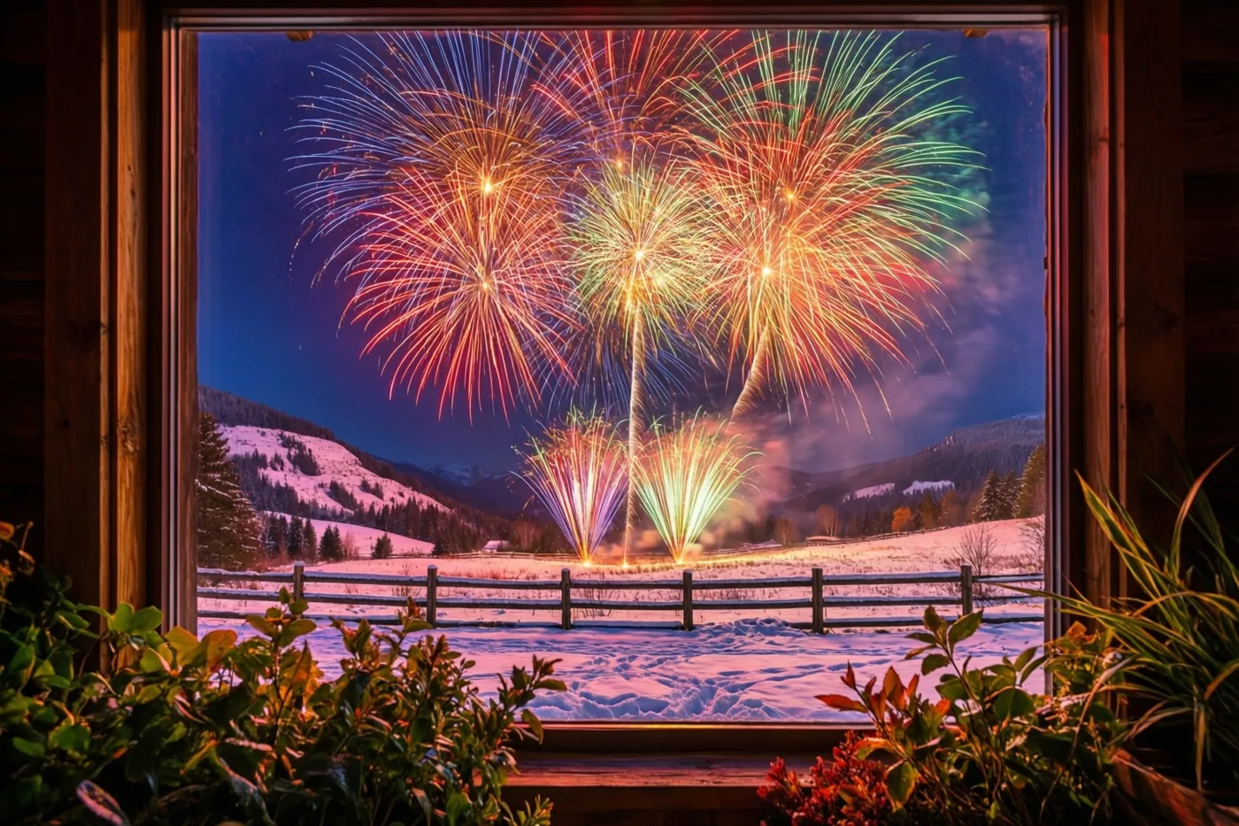 Door een raam met een houten kader is kleurrijk vuurwerk boven besneeuwde heuvels te zien, met een houten omheining vooraan en een donkerblauwe nachthemel.