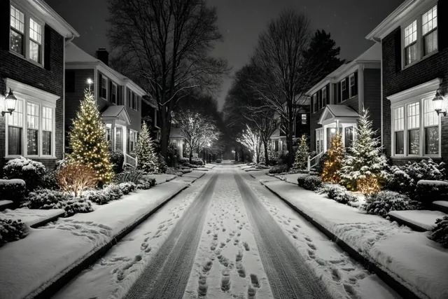 Een besneeuwde woonstraat met verlichte kerstbomen in voortuinen en feestlichtjes aan de ramen is weergegeven in zwart-wit, terwijl de warme lichtjes hun kleur behouden.