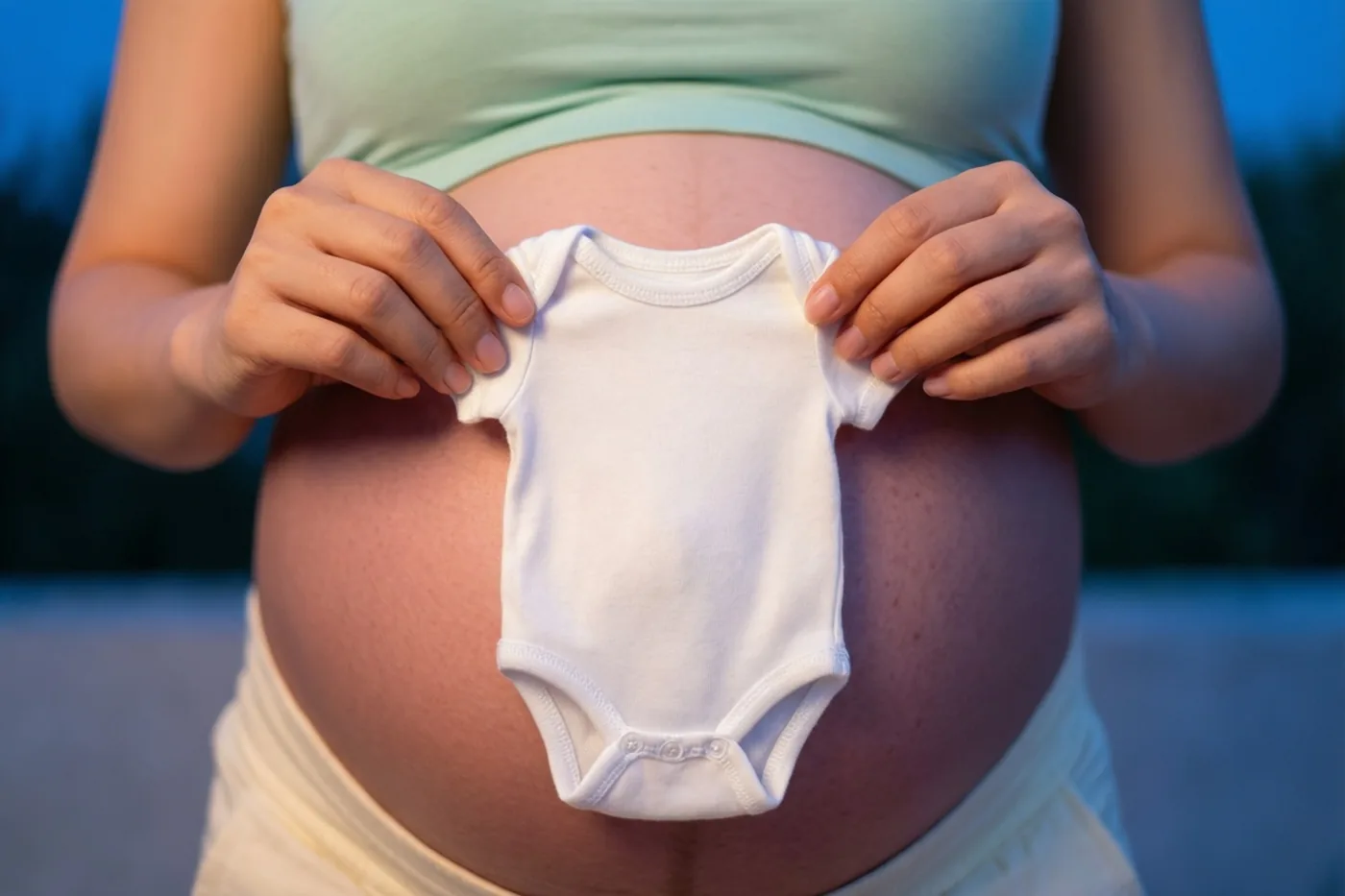 Een zwangere vrouw houdt buiten in de schemering een klein wit babypakje voor haar buik, met warm licht op haar lichaam en een blauwe achtergrond.