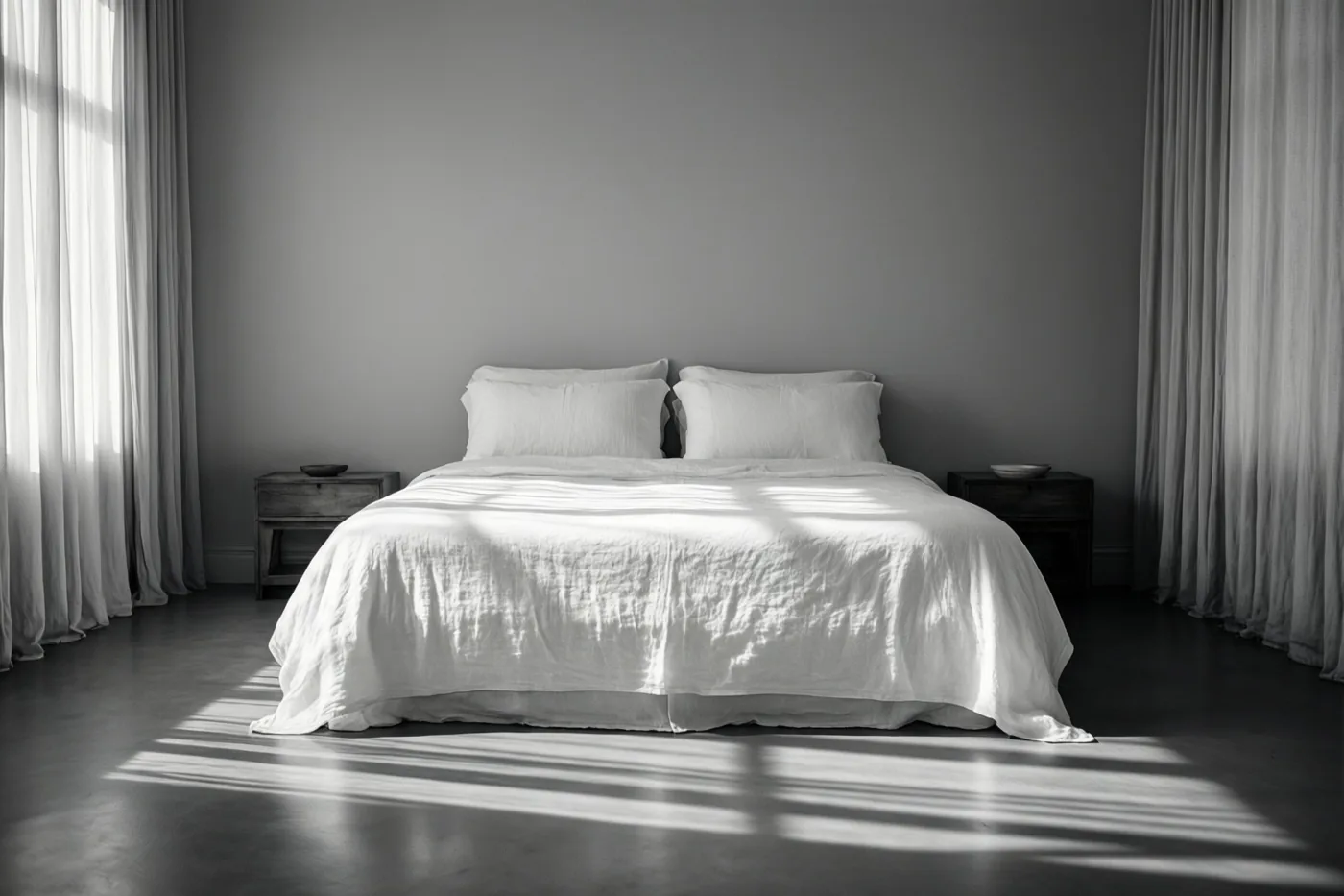 In een minimalistische slaapkamer in wit, grijs en zwart werpt de ochtendzon lange schaduwen over de vloer naast een bed met wit linnen.
