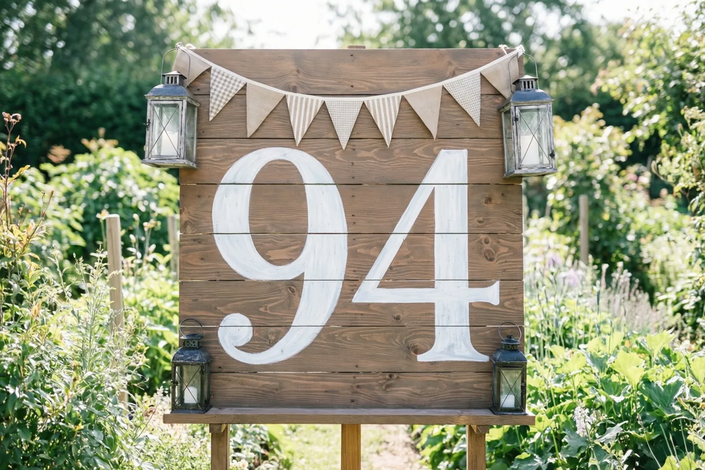Een groot houten bord met 94 in witte verf staat in een lichte tuin met vlaggetjes, lantaarns en groen op de achtergrond.