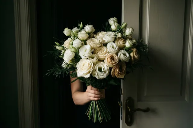Alleen een arm en hand met een groot boeket witte en crèmekleurige rozen en lisianthus zijn zichtbaar achter een halfopen deur in een schemerig interieur.