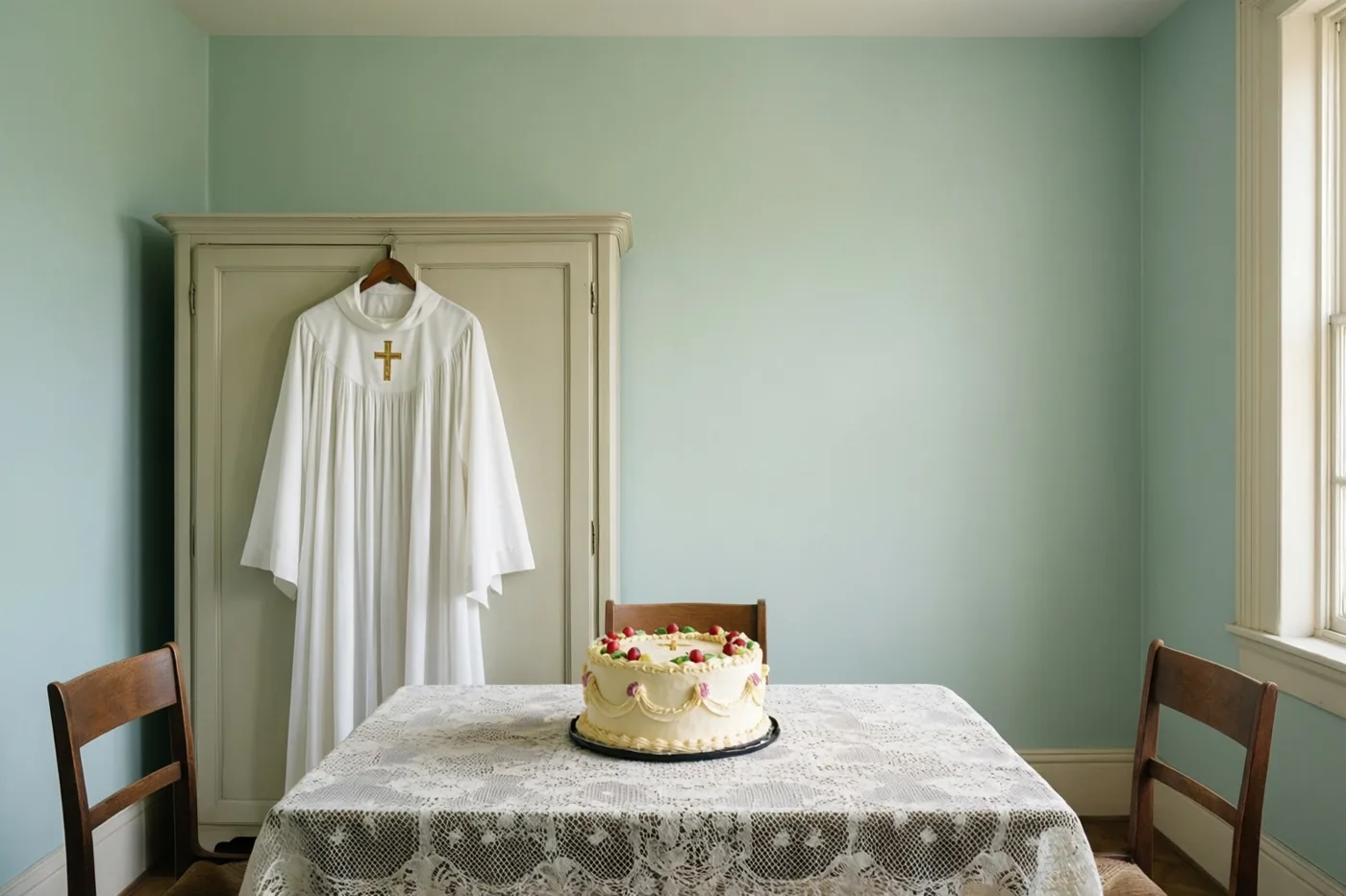 Een wit communiegewaad hangt aan een lichte kast in een kamer met lichtgroene muren in jarenvijftigstijl, naast een tafel met een kanten kleed en een met fruit versierde taart.