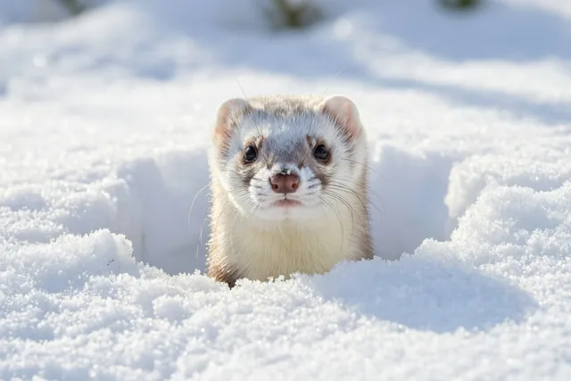 Een klein zoogdier met een witte wintervacht gluurt uit een hoop verse sneeuw in een helder sneeuwlandschap met zacht natuurlijk licht.