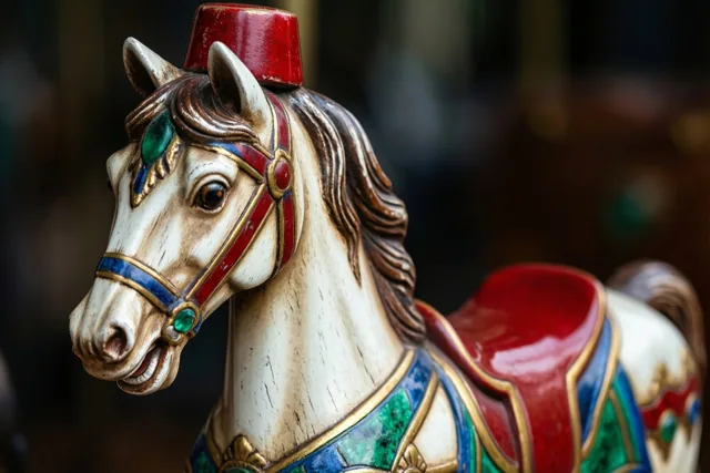 Een wit houten draaimolenpaard van vroeger draagt een rood zadel en een rode mijter en heeft rode, blauwe en groene versieringen met gouden randen.
