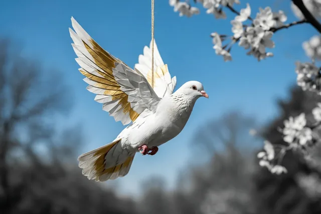 Een witte papieren duif met gouden accenten op vleugels en staart hangt aan een touwtje tegen een blauwe lucht met wazige kersenbloesemtakken.