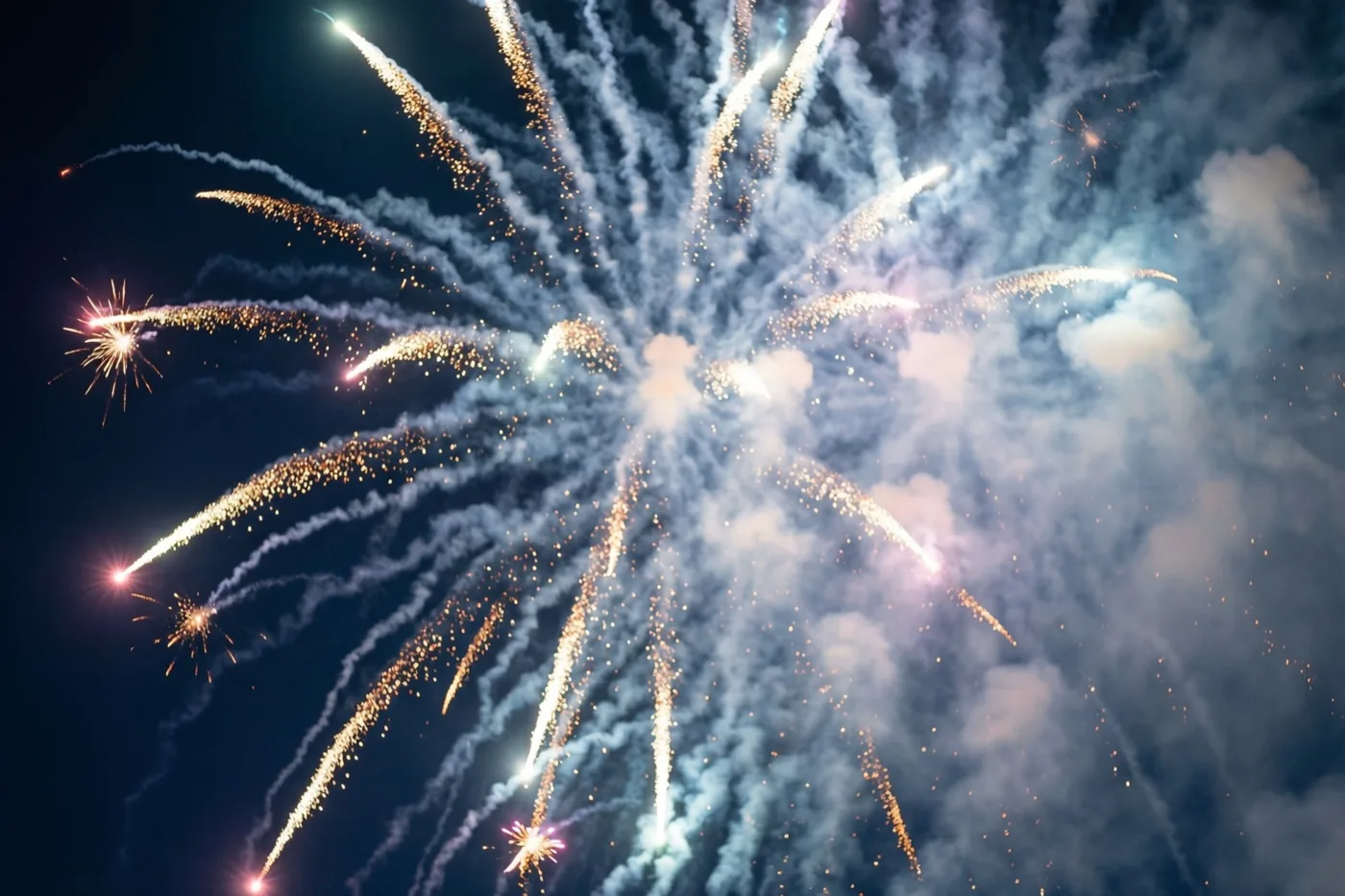 Felwit en goudgeel vuurwerk vult de donkere nachthemel met gloeiende vonken en dunne rooksporen.