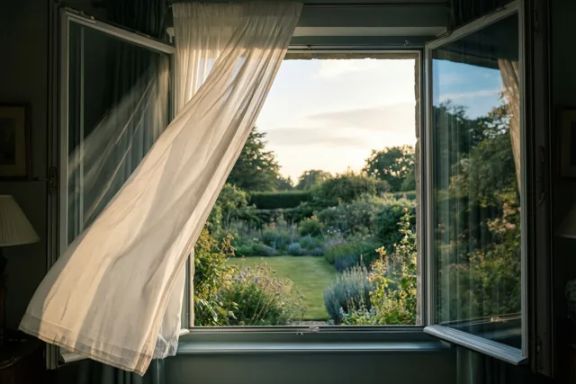 Een wit gordijn bolt op voor een open raam met uitzicht op een weelderige groene tuin, in zacht warm licht.