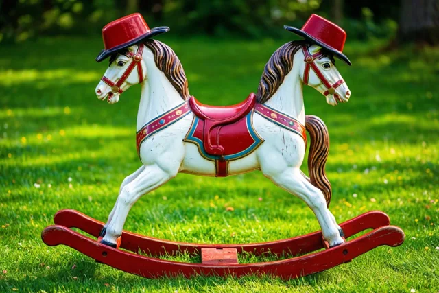 Een oud wit houten hobbelpaard met een rood zadel en een rode mijter staat op een felgroen gazon.
