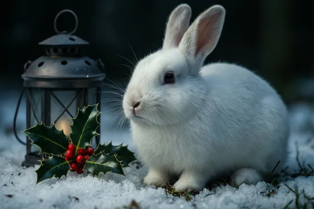 Kerstlicht voor een wit konijntje
