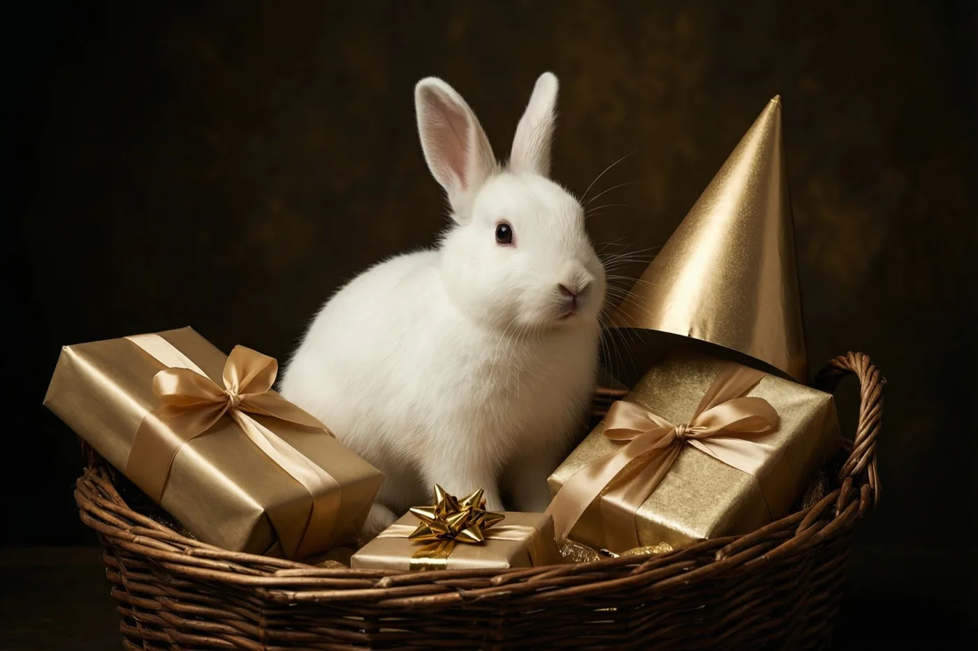 Een wit konijn zit in een rieten mand met goudkleurig ingepakte cadeaus en een gouden feesthoedje, in warm licht tegen een donkerbruine achtergrond.