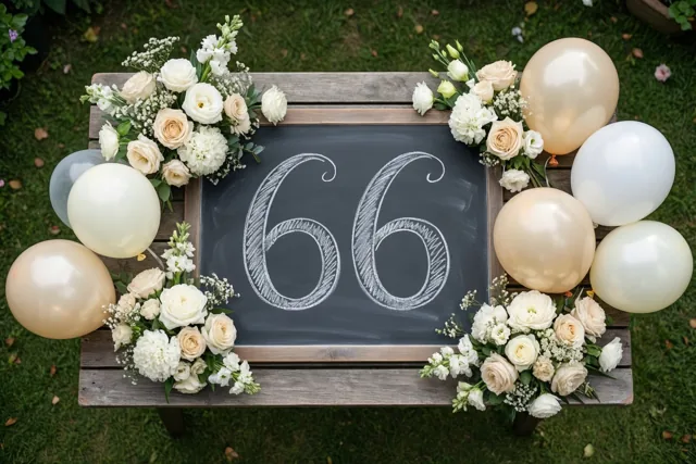 Een krijtbord met het getal 66 in sierlijk wit krijt staat tussen bloemstukken en ballonnen op een houten tuintafel op groen gras.