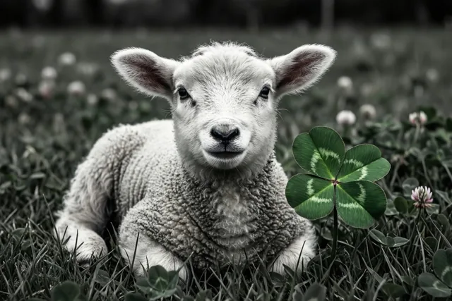 Een jong wit lam ligt in een grasveld met klaver en kijkt recht in de camera, in een vrijwel monochroom beeld met één felgroen klavertjevier op de voorgrond.