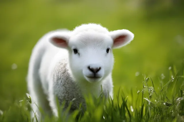 Een wollig wit lammetje staat in een felgroene lenteweide.