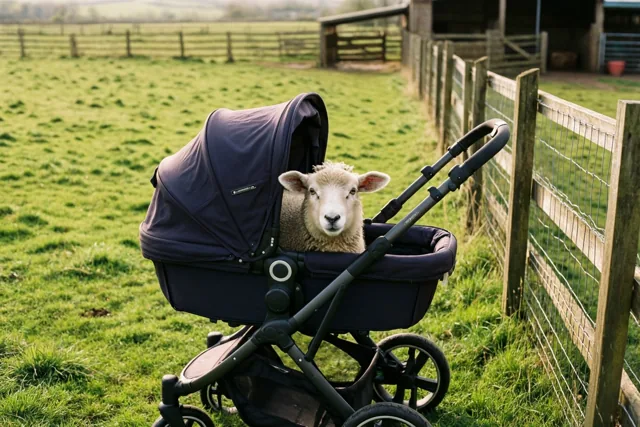 Een pluizig wit lammetje kijkt uit een donkerblauwe kinderwagen op een grasveld naast een houten weidehek in zacht daglicht.