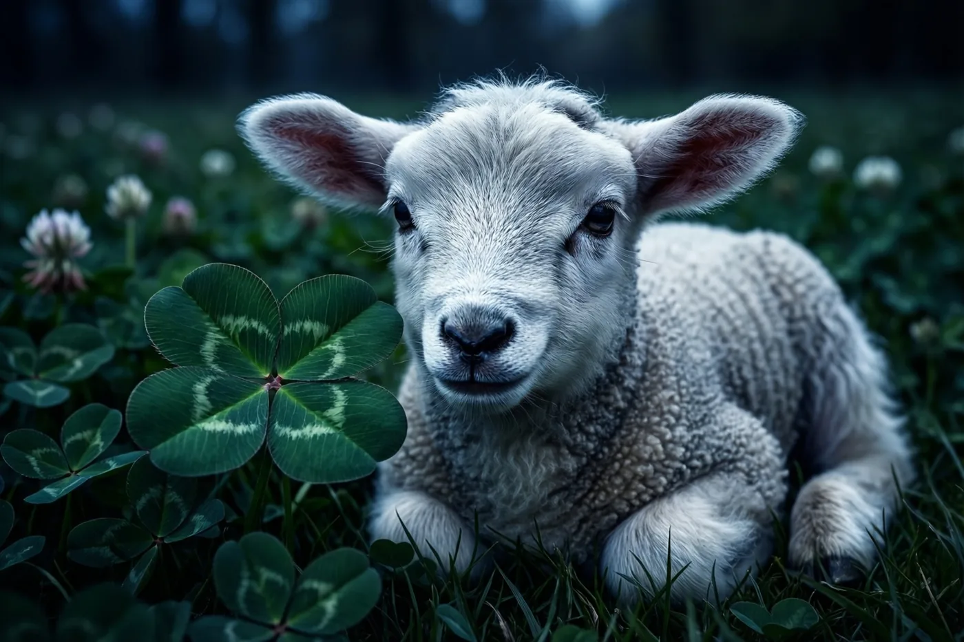 Een klein wit lam ligt in een grasveld met klaver en kijkt recht in de camera, met weinig licht en een opvallend klavertjevier op de voorgrond.
