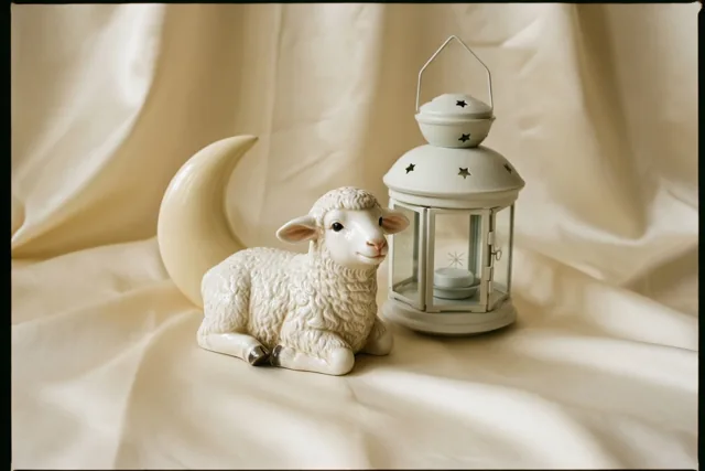 Een klein wit keramieken lammetje staat naast een witte lantaarn in de vorm van een maansikkel op gedrapeerde crèmekleurige zijde in zacht licht.