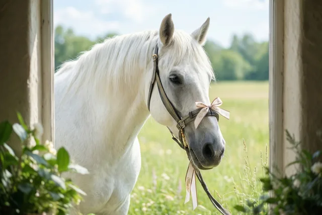 Door een raam is een wit paard met een sierlint aan zijn hoofdstel te zien dat naar een zonnige weide kijkt, omringd door groen.