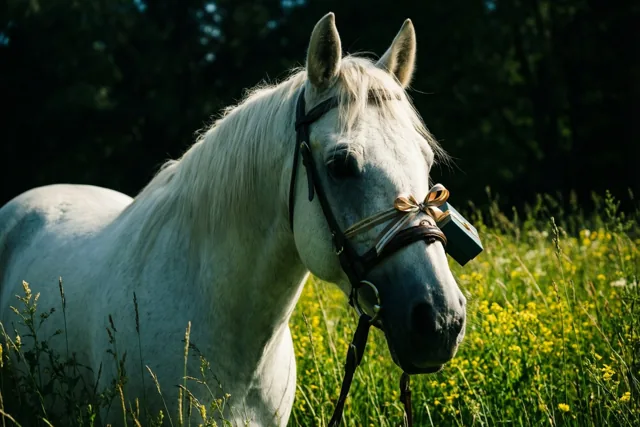 Een wit paard staat in een zonnige weide met gele veldbloemen voor een donkergroen bos en draagt een hoofdstel waaraan met een lint een klein donker doosje is vastgemaakt.