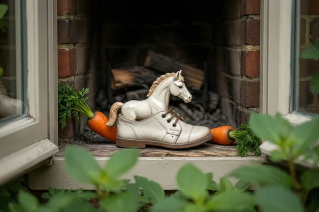 Een wit houten speelgoedpaardje zit in een witte kinderschoen op een vensterbank naast een bakstenen haard en twee wortels, met groen gebladerte op de voorgrond.