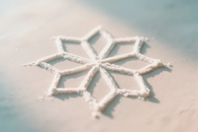 Een geometrisch rangolipatroon van wit poeder ligt op een lichte ondergrond, van bovenaf gefotografeerd in zacht, warm licht.